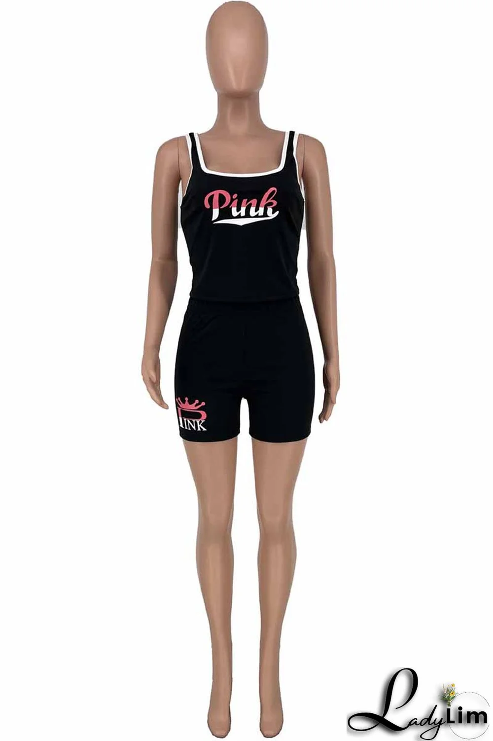 Pink Casual Print Letter U Neck Sleeveless Two Pieces