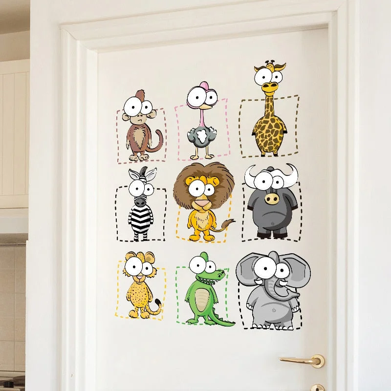 Cartoon Wall Stickers Elephant Monkey Lion Lovely big eyes Animals Children Room Wall Sticker Door Decoration for Kids Room