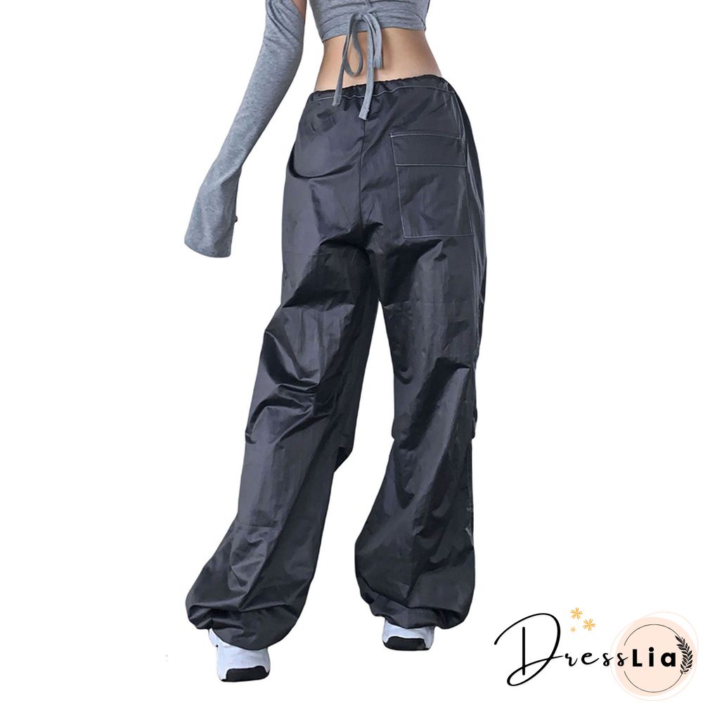 Drawstring Cargo Pants Women Solid Color Low Waist Relaxed Fit Work Trousers Y2k Grunge
