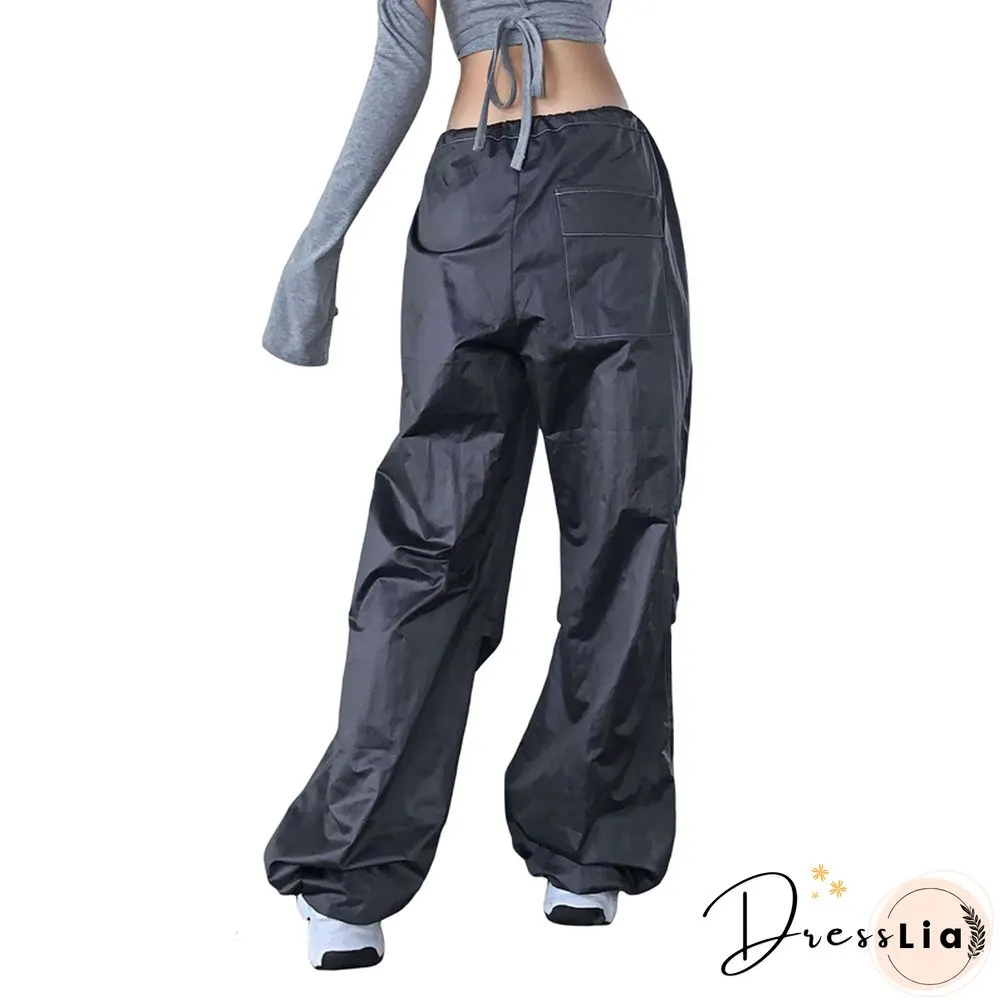 Drawstring Cargo Pants Women Solid Color Low Waist Relaxed Fit Work Trousers Y2k Grunge