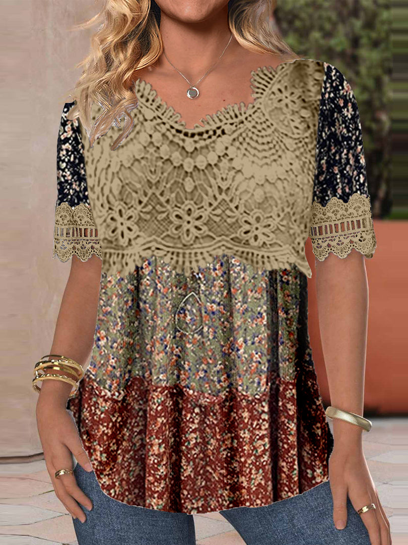 Women's Short Sleeve V-neck Lace Graphic Top