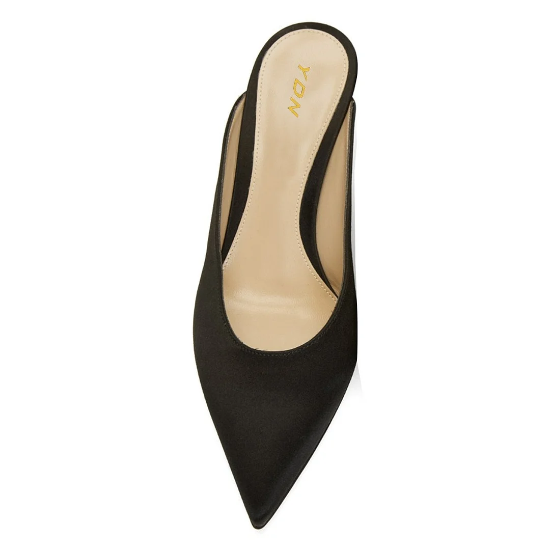 Black Satin Pointed Toe Slip-On Kitten Heeled Mules by YDN