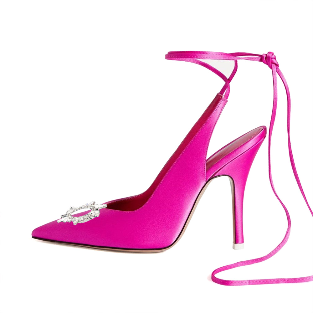 Elegant Satin Pointed Toe Rhinestone Stiletto Lace Up Pumps for Women Nicepairs