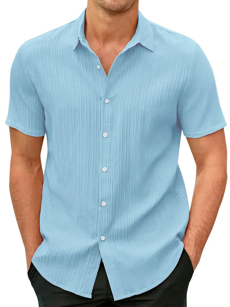 Men's Cotton And Linen Striped Jacquard Casual Loose Short-sleeved Shirt