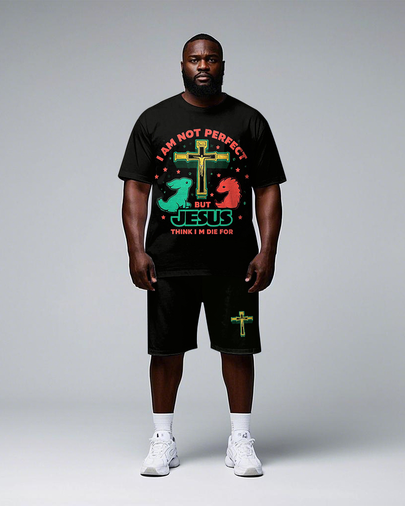 Big Men's JESUS Cartoon Rabit and Cross Printed Casual Short Sleeve T-shirt Shorts Set