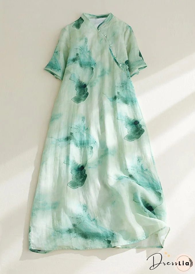 Retro Green Print Button Maxi Dresses Summer