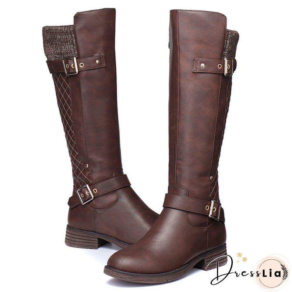 Nis Women Autumn Winter Shoes Flat Heel Solid Color Long Boots Knee High Ladies Boots Leather Casual Flats Boot Shoes Outdoor Non-Slip Booties