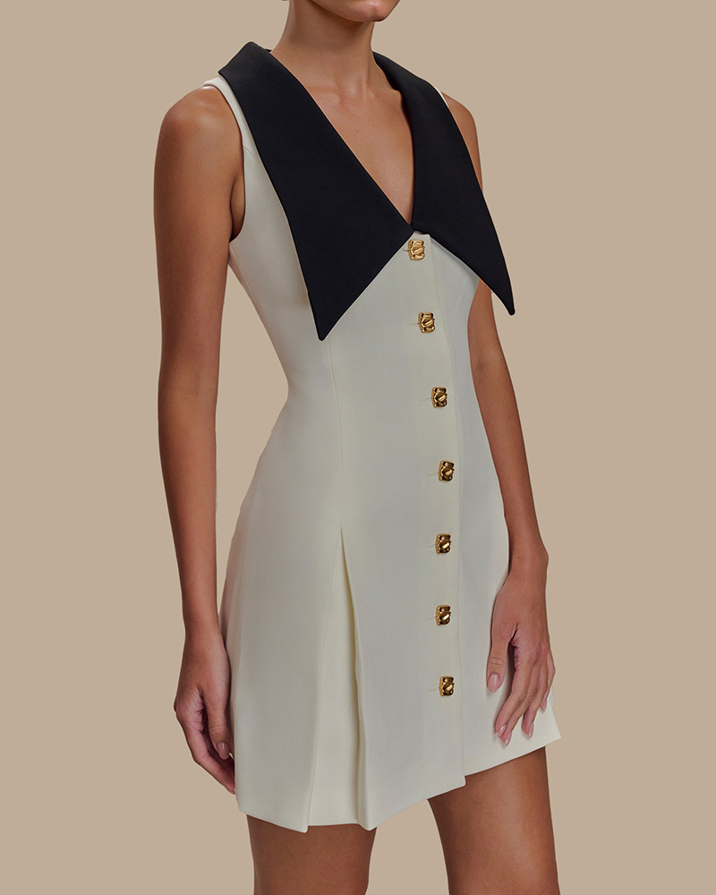 Pleated Detail Single Breasted Sleeveless Mini Dress