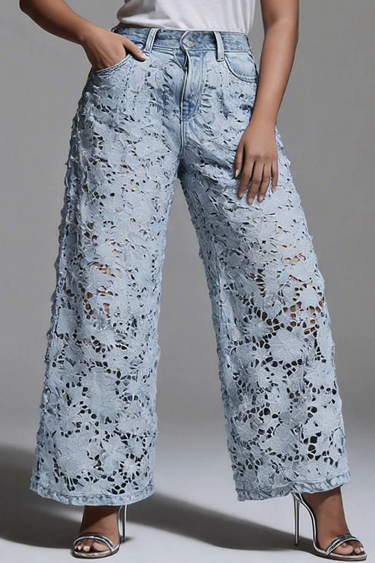 Xpluswear Design Plus Size Party Tencel Denim Light Blue See Through Contrast Guipure Lace Pants [Pre-Order] 2024 - Xpluswear