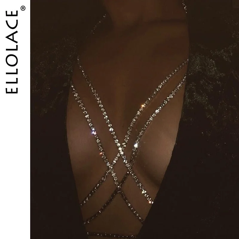 Ellolace Shining Rhinestones Chest Cross Body Chain Boho Multi Layers Chest Chain Harness Body Jewellery Jewelry Crystal Chest