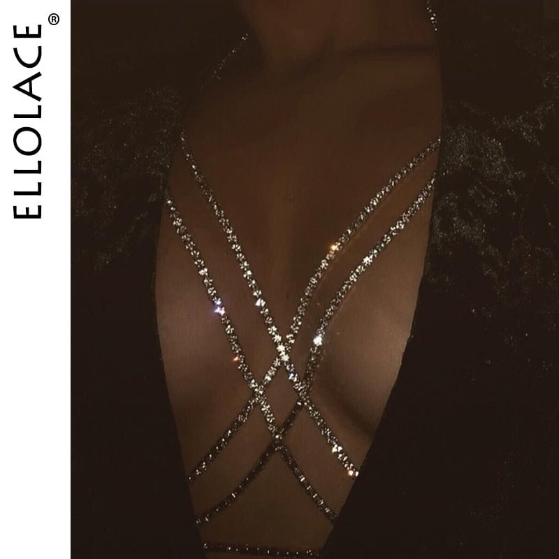 Ellolace Shining Rhinestones Chest Cross Body Chain Boho Multi Layers Chest Chain Harness Body Jewellery Jewelry Crystal Chest