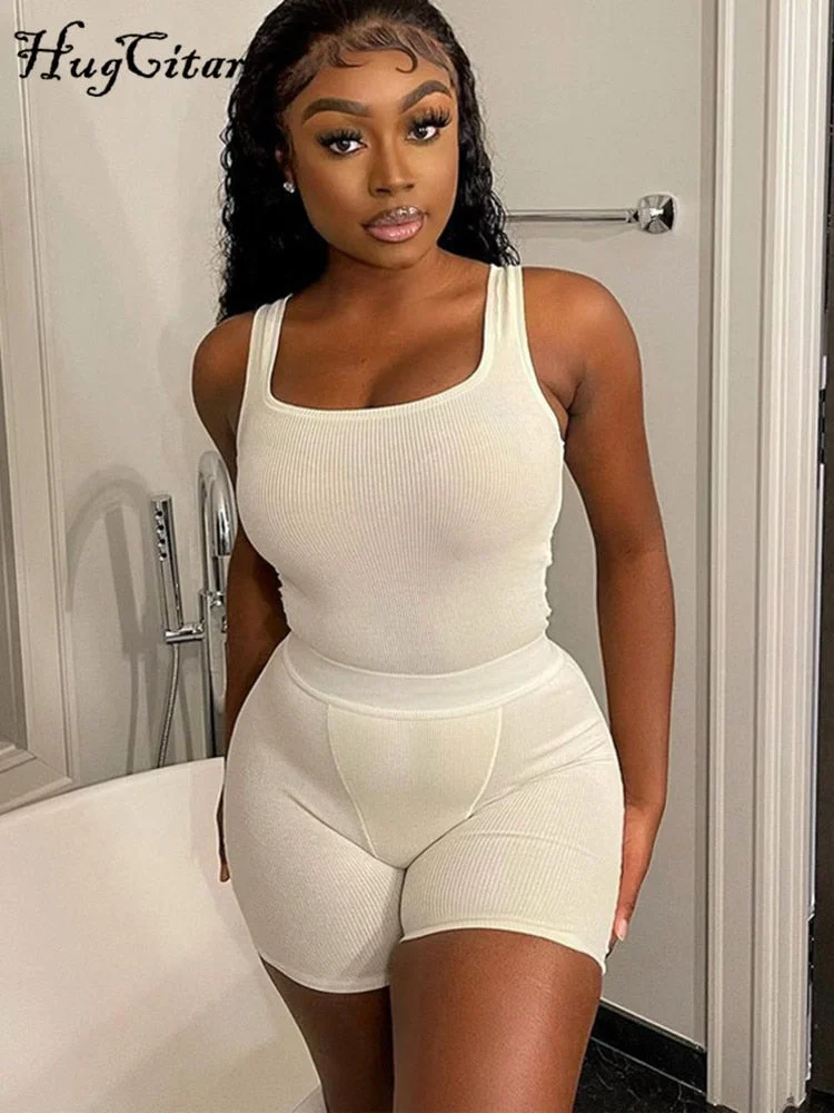 Hugcitar 2021 Sleeveless Bodycon Tank Top Short 2 Pieces Set Solid Skinny Ribbed Fashion Streetwear Sexy Women Y2K Party Club
