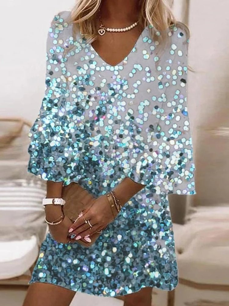 Blue Print V-Neck Mini Dress