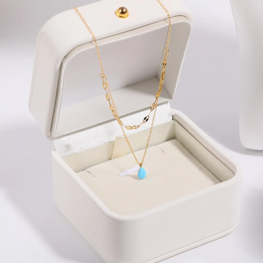 Women's Opal Blue Tear Drop Double Pendant Necklace