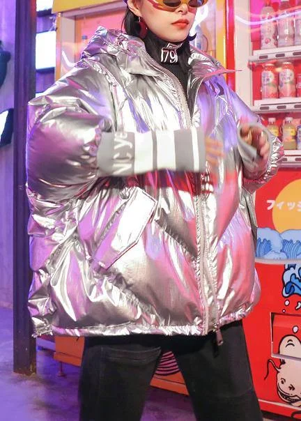 Fine silver gray print women parka oversize down jacket hooded zippered overcoat