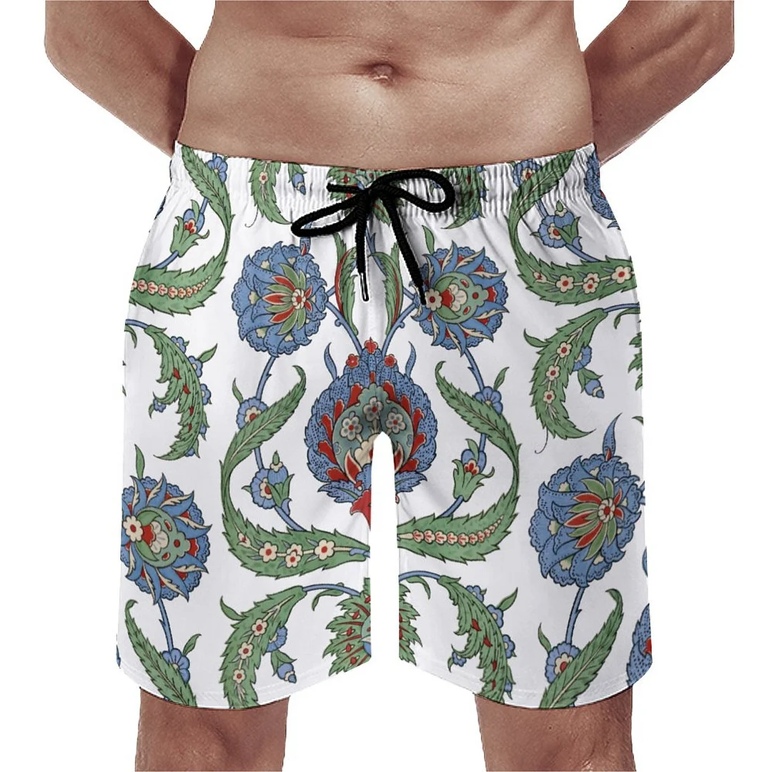 Arabesque Floral Motif Men's Swim Trunks Summer Board Shorts Quick Dry Beach Short with Pockets