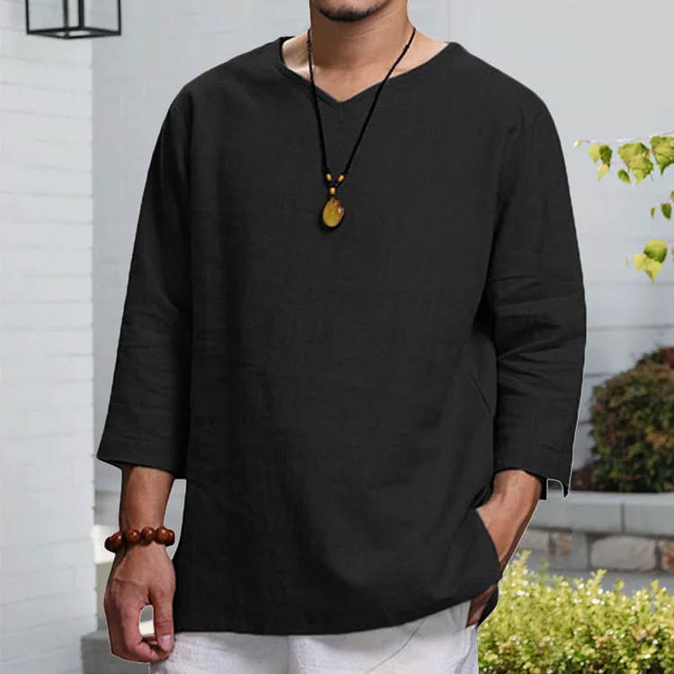 Men's Long-sleeved V-neck Linen Loose T-Shirt | 168DEAL