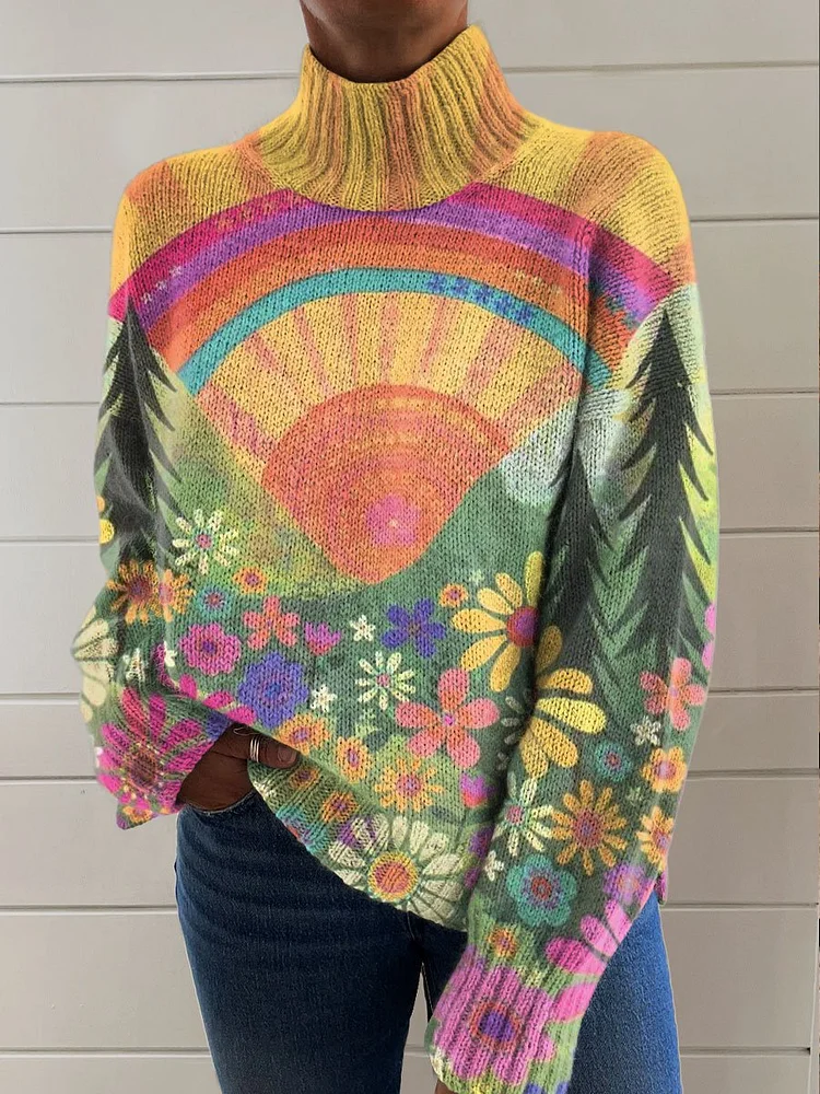 Rainbow Colors Landscape Art Print Knit Turtleneck Pullover Sweater
