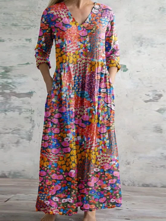 Women's 3/4 Sleeve V-neck Graphic Printed Midi Dress