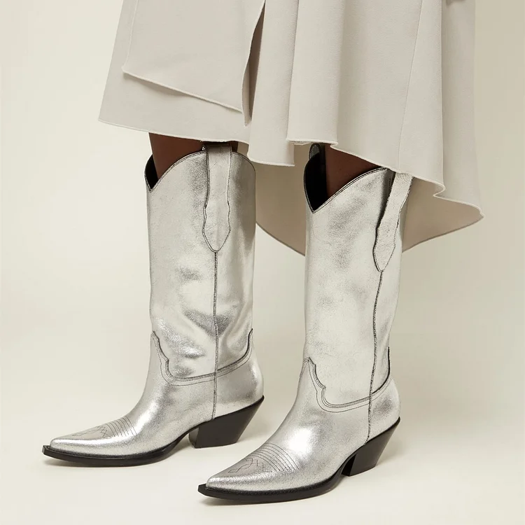 Silver Cowgirl Mid Calf Boots with Pointed Toe and Chunky Heel Vdcoo