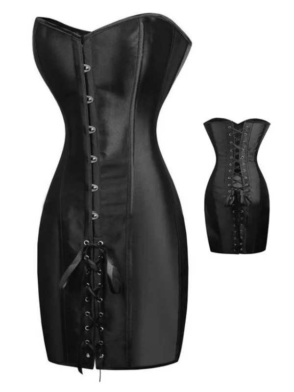 Satin Black Lace Up Off The Shoulder Body Shaper Dress