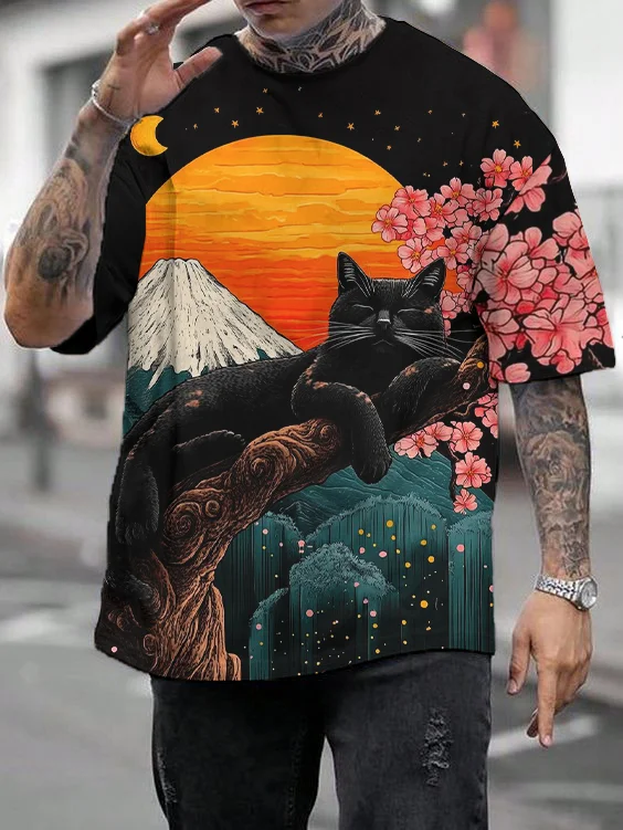 Men's Black Cat And Cherry Blossoms Japan Mount Fuji Art Print Drop Shoulder Casual T-Shirt