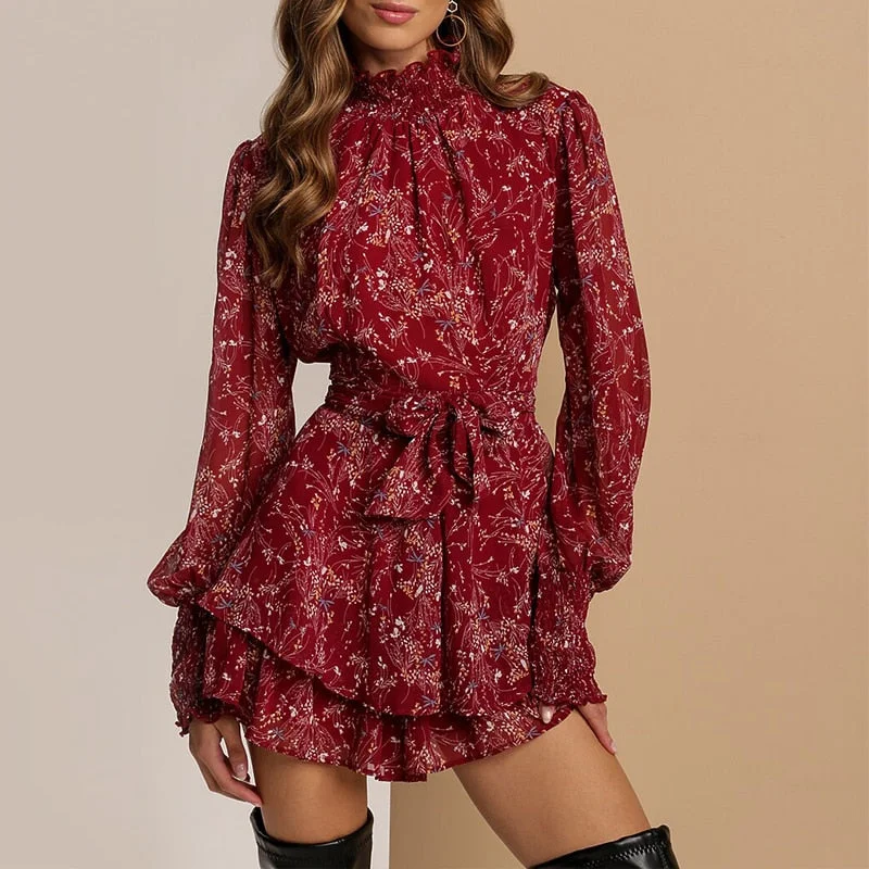 Graduation Gifts Spring Vintage Perspective Floral Print Dress Women Casual Long Sleeve Chiffon A Line Dress 2022 Summer Lady Mini Party Vestidos
