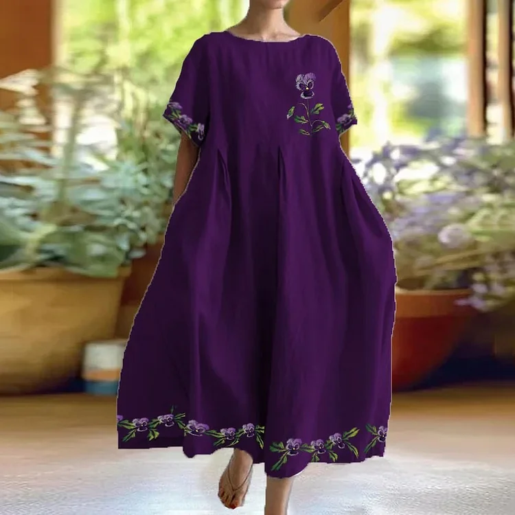 VChics Women's Purple Floral Pansy Print Casual Dress
