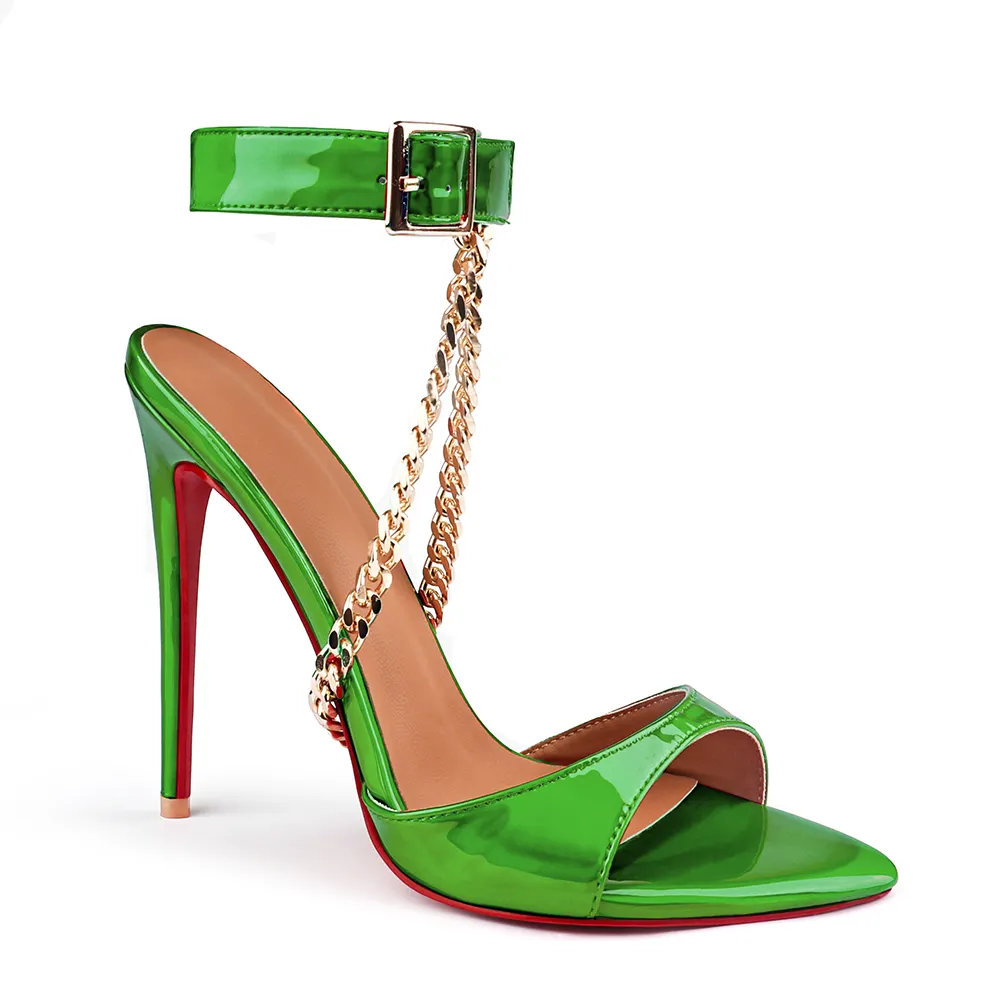 120mm/100mm/80mm Women's Sandals Removable Chain Ankle Strap Pointed Toe Colorful Mules Red Bottom Heels-vocosishoes