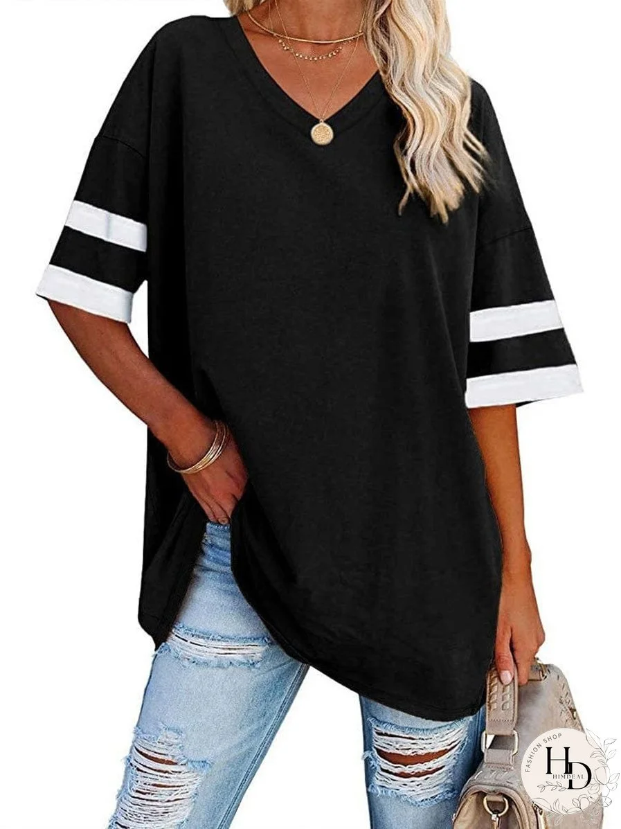 V Neck T-Shirt with Contrast Stripes