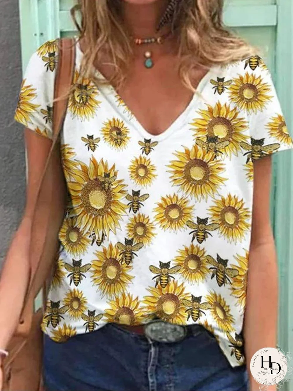 Summer Women Sunflower V-Neck T-Shirt