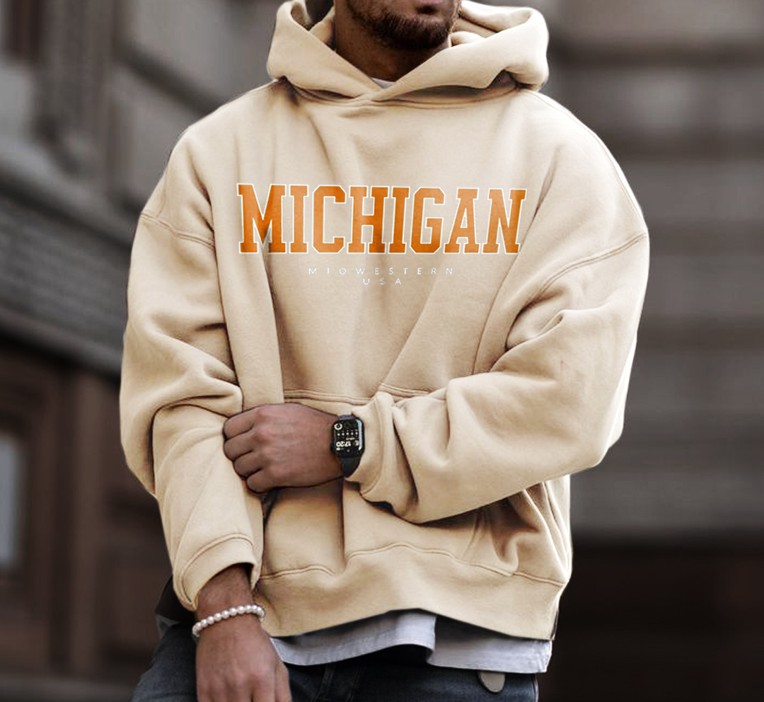 Men's Oversized Vintage Michigan USA Casual Hooded Sweatshirt