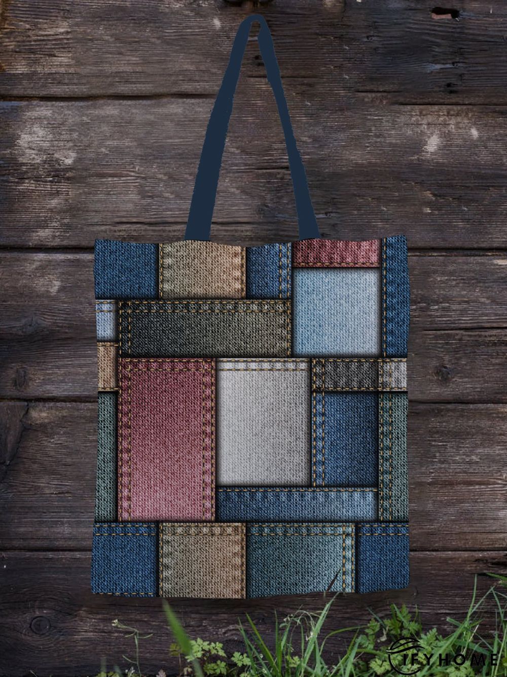Trendy Denim Paneled Contrast Printed Canvas Shopper Tote Bag | IFYHOME