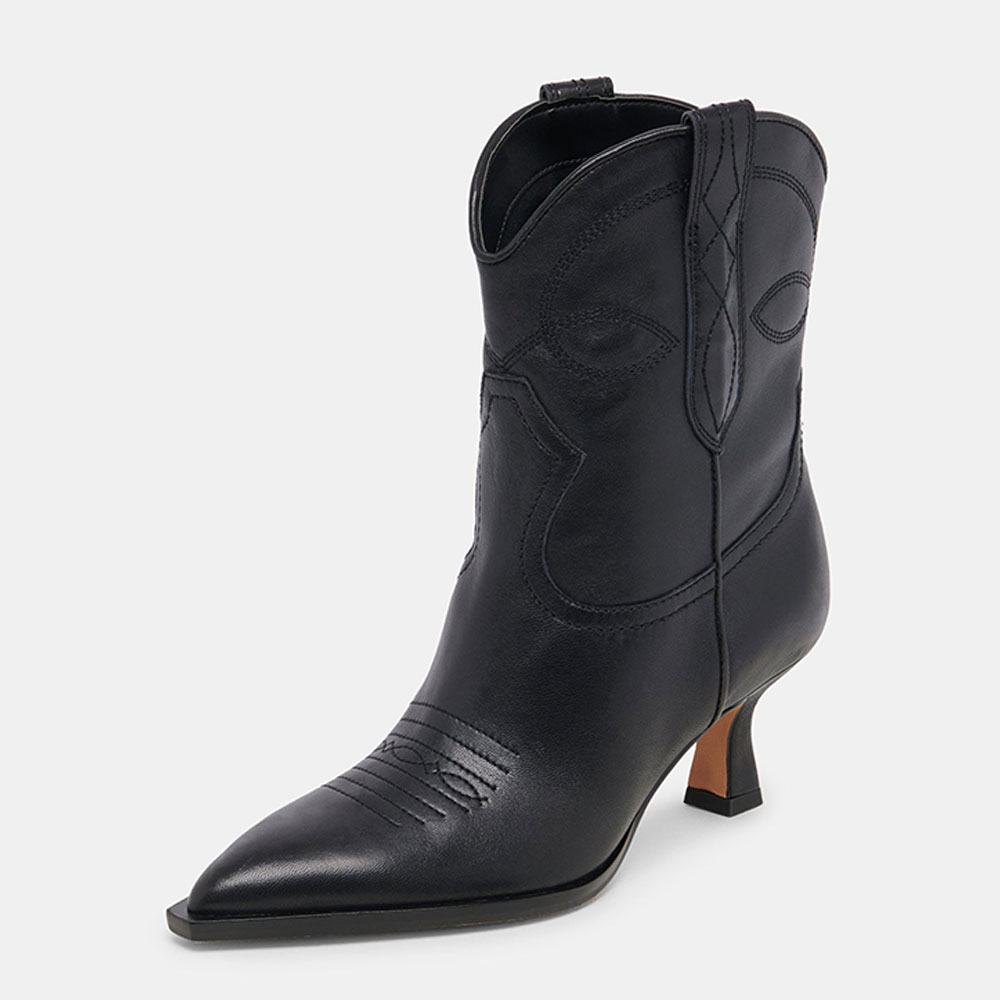 Black Pointed Toe Pull-On Stitching Ankle Boots with Kitten Heel Nicepairs