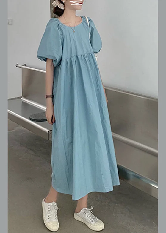 Modern Blue Patchwork Wrinkled Slim Cotton Maxi Dresses Summer