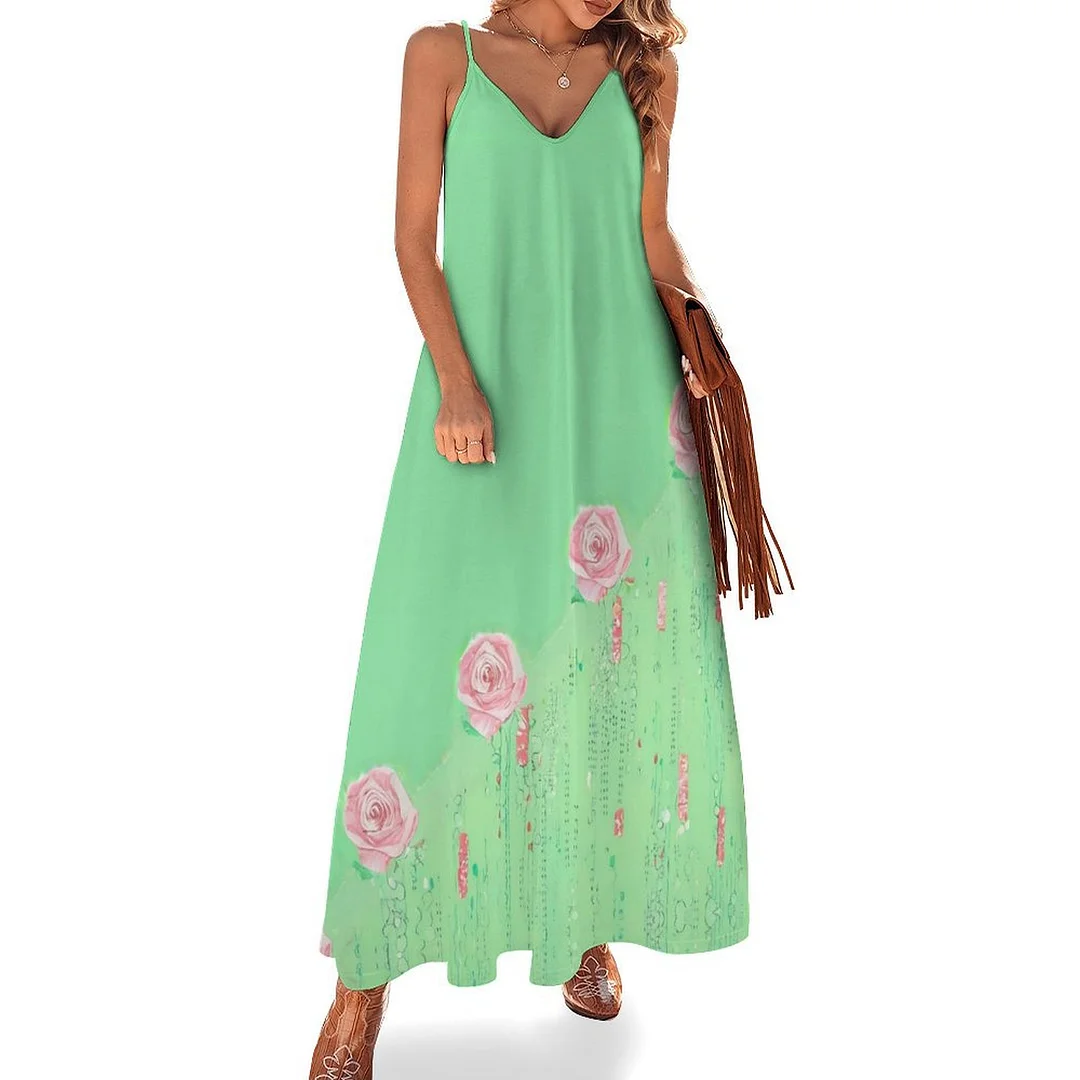 Style & Comfort for Mature Women Plus Size Printed Sling Casual Women Maxi Dress in Pattern Mint green, Rose, Glitter, Pink, Floral