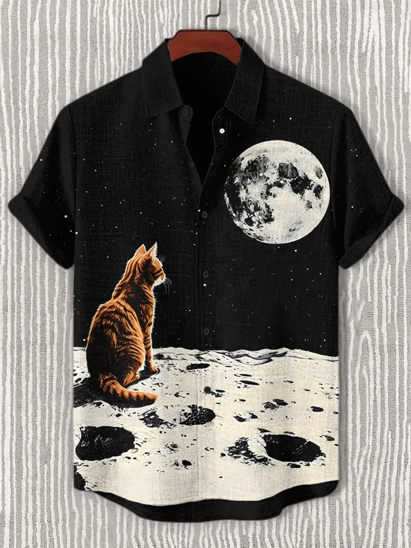 Men's Moon Cat Space Adventure Print Short Sleeve Shirt