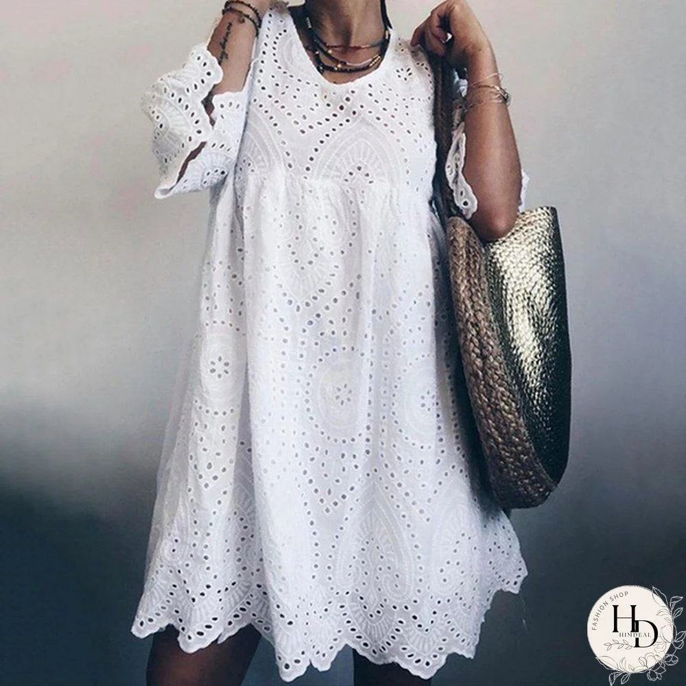 Women Lace Dress Casual Loose Flare Sleeve Loose Tunic Crochet Midi Dresses Plus Size Shirtkleid Dress