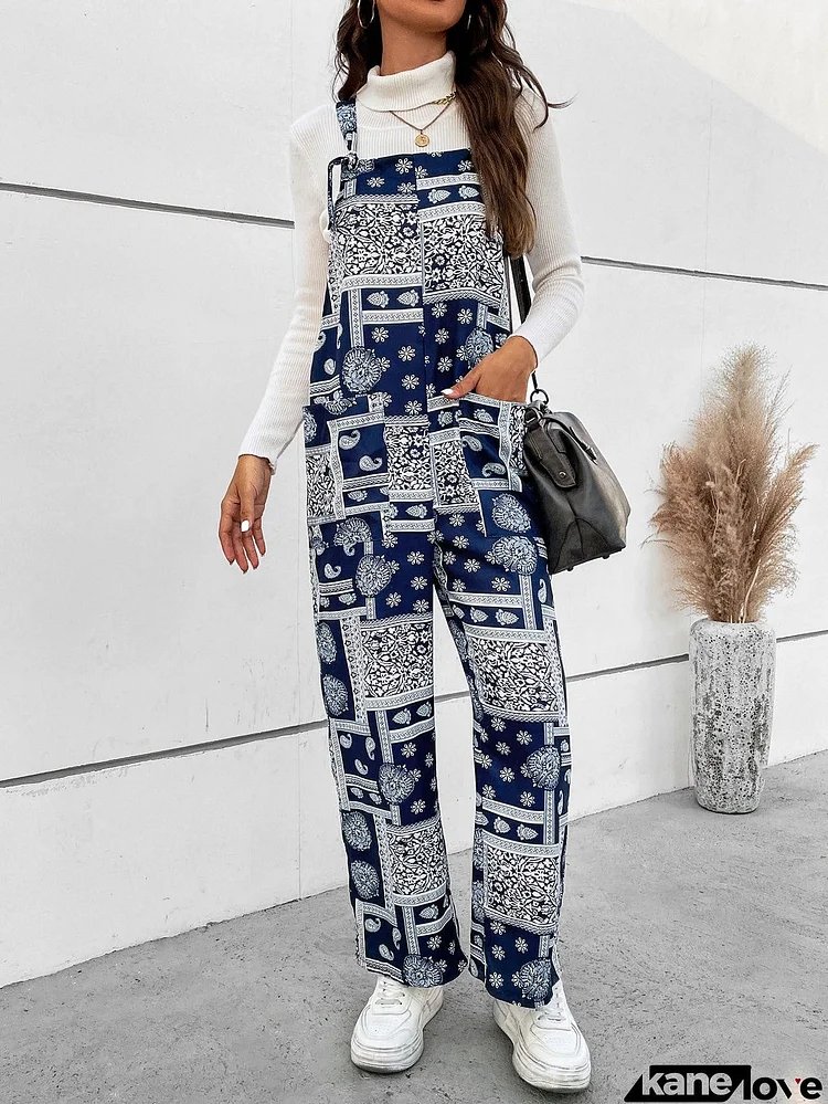 Printed Straight Leg Jumpsuit with Pockets