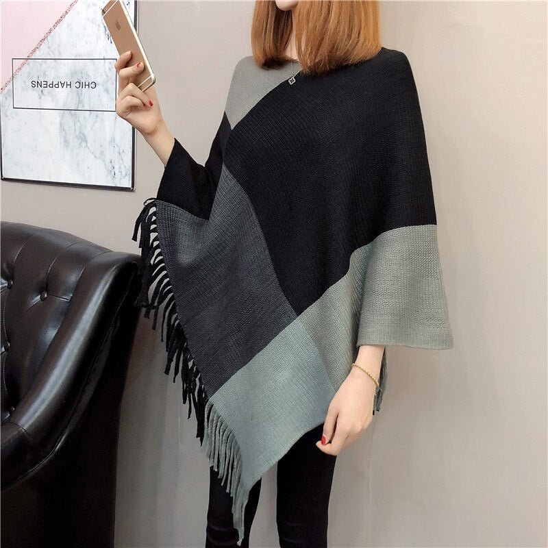 Zoki Women Sweater Poncho Autumn Tassel Fashion Batwing Long Sleeve Winter Striped Knitted Jumper Casual Plus Size Capes 2021