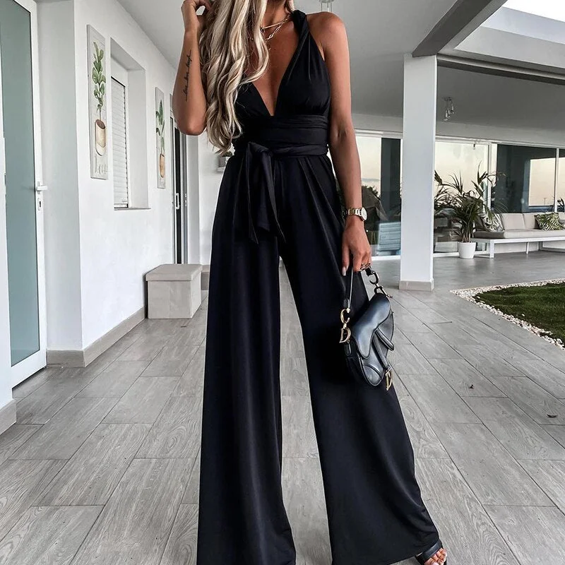 Sexy Deep V Neck Backless Solid Color Fashion Summer Belt Women Jumpsuit Casual Sleeveless Loose Long Pants Hight waist Jumpsuit