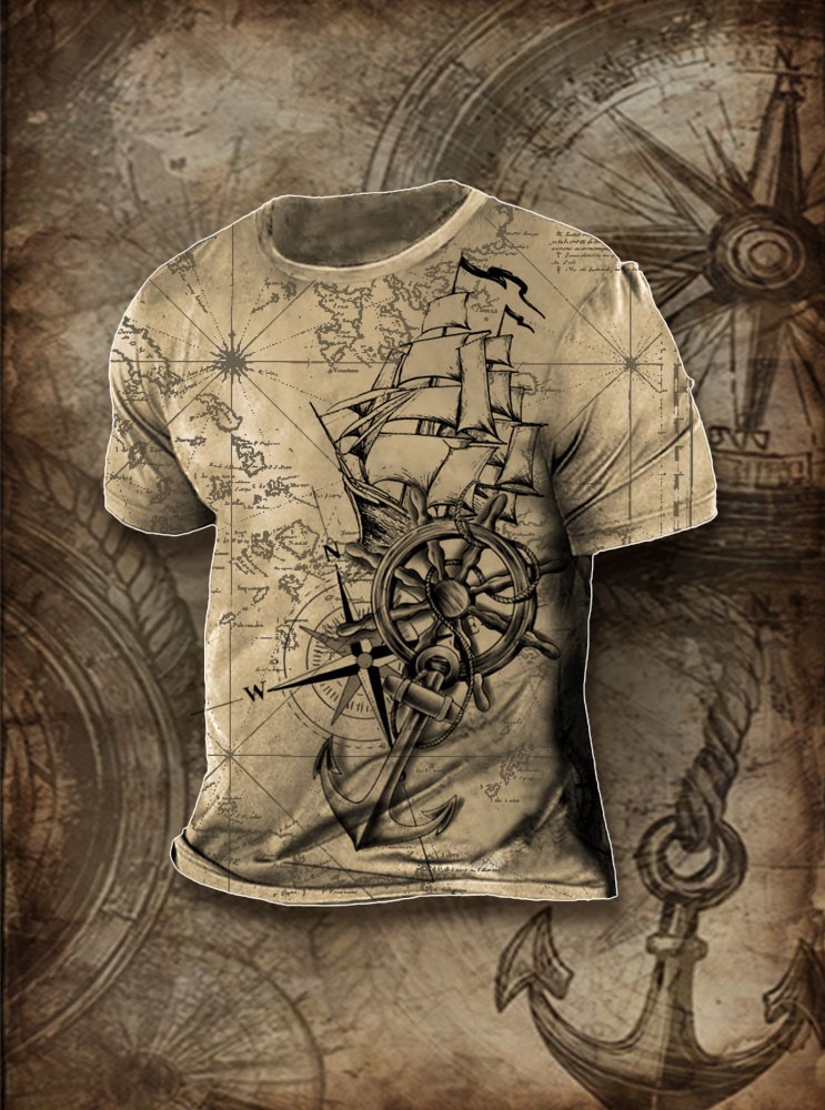 Men's Retro Nautical Compass Pattern Casual Top / Rvogue / Rvogue