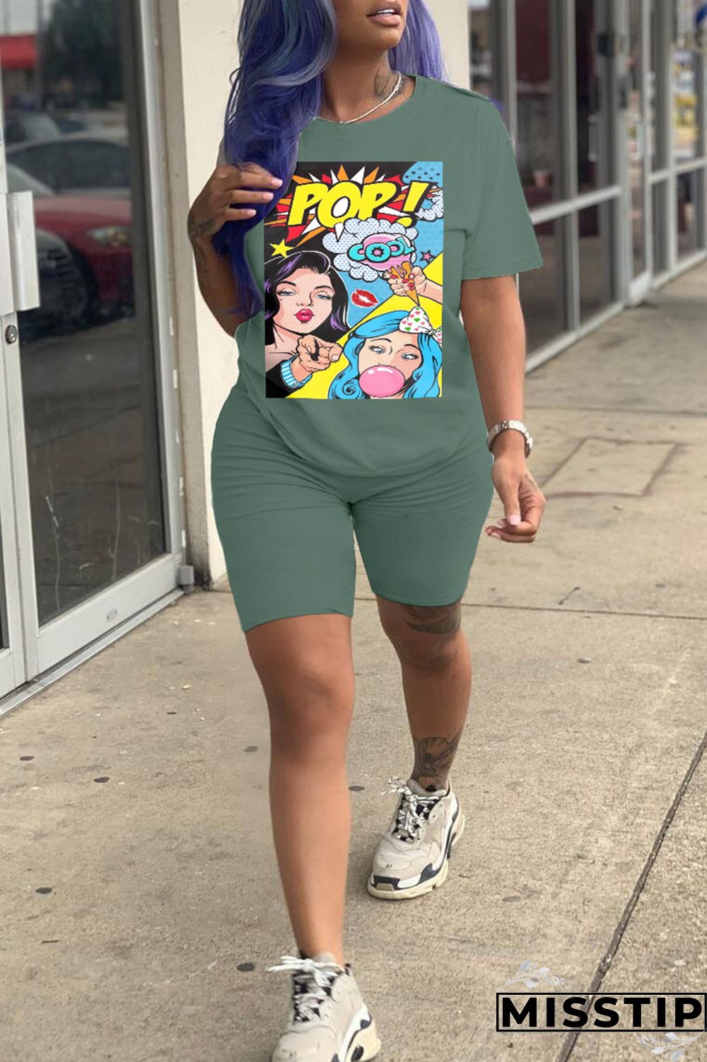 Fluorescent Green Fashion Casual Print Basic O Neck Short Sleeve Two Pieces