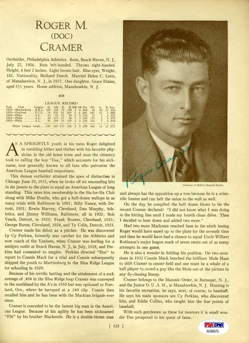 Doc Cramer Psa Dna Coa Autograph 1933 Who`s Who 8x10 Photo Poster painting Page Signed