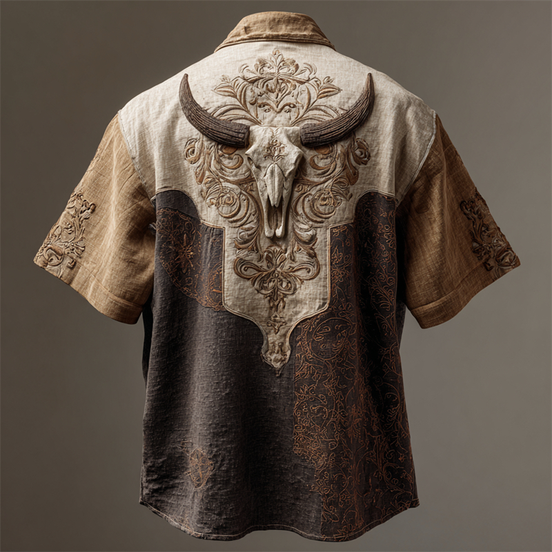 Vintage Bull Skull Western Embossed Patchwork Linen Shirt