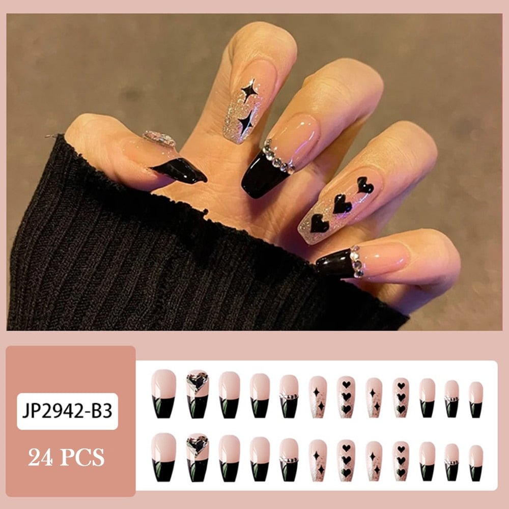 24PCS Glitter Nails Set Press On With Adhesive Strips Korean Cute Black Heart Design Fake Nails Full Coverage Nails for girls