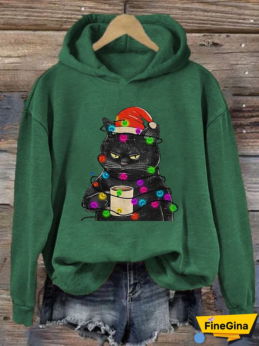 Women's Christmas Lights Black Cat Fun Print Casual Hoodie