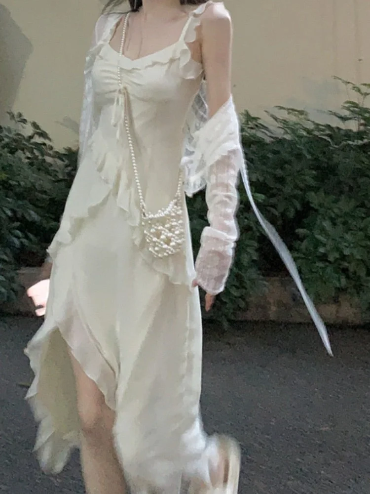 Fairy 2 Piece Dress Set Woman Casual Long Sleeve Crop Tops + Elegant Solid Strap Midi Dress Party Korea Fashion Suit spring dresses for women 2023