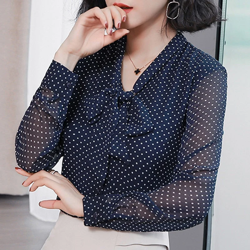 Office Blouse Long Sleeve Women Shirts Fashion Blue Bow Collar Dot Print Chiffon Blouse Shirt Womens Tops and Blouses Chic 1864