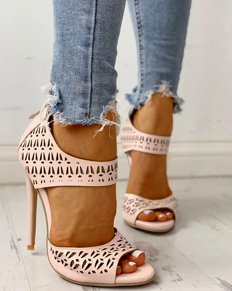 SHENGY 2020 Fashion Women Summer Sandals Peep Toe Hollow Out High Sandals Zip Rome Wedding Office Shoes Women pink